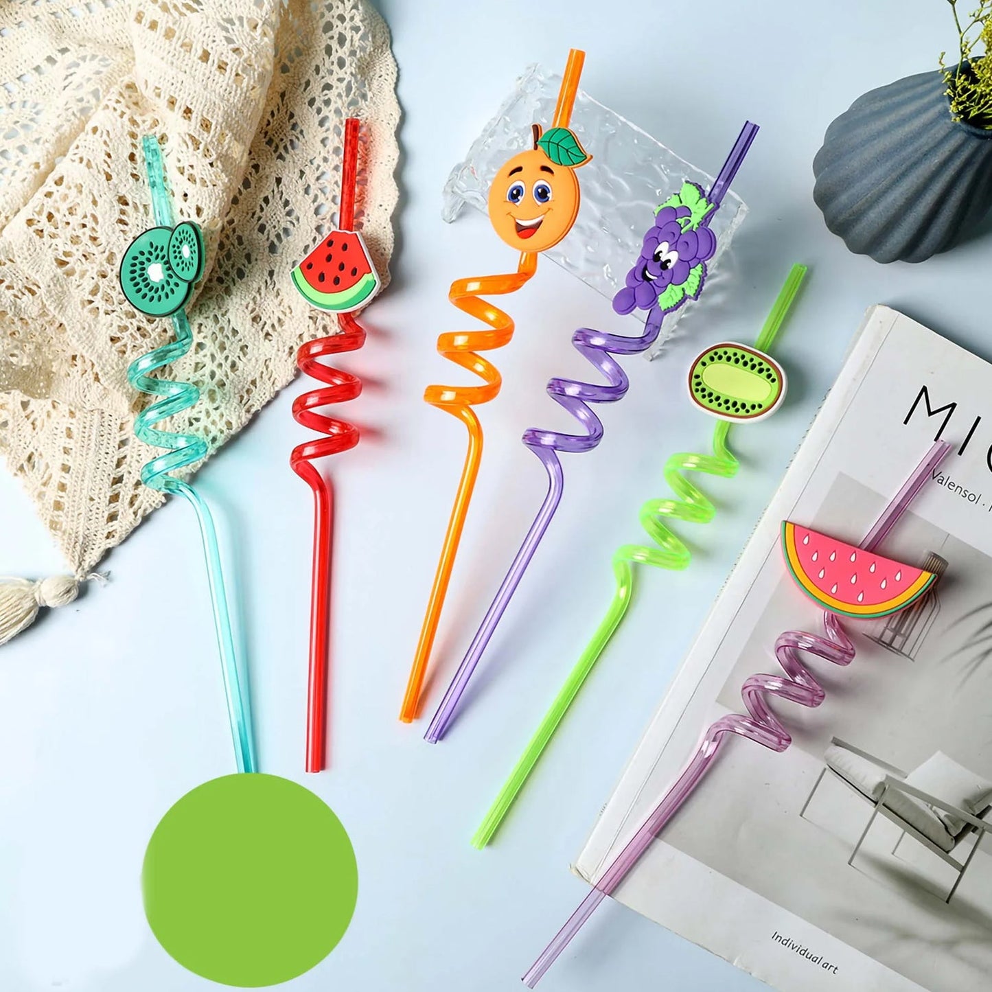 Reusable Plastic Straws (12 pcs Set / Mix Design)