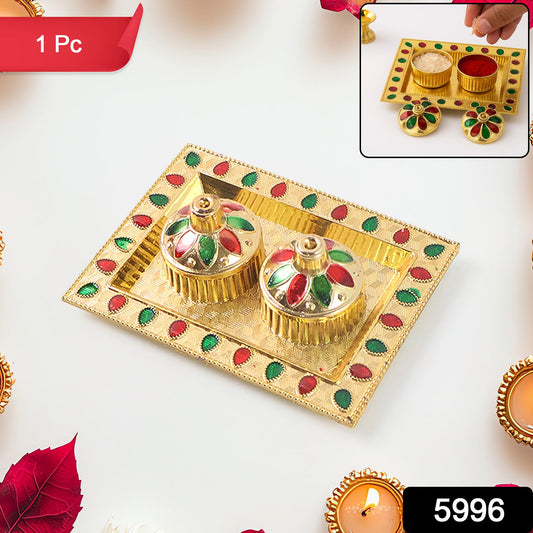 Rakasha Bandhan Special Puja Thali, Kumkum Thali Holder, Pooja Return Gift, Indian Housewarming Gifts, Brother / Bhai / Bhabhi / Sister / Family for Rakshabandhan, Diwali (Mix Design)