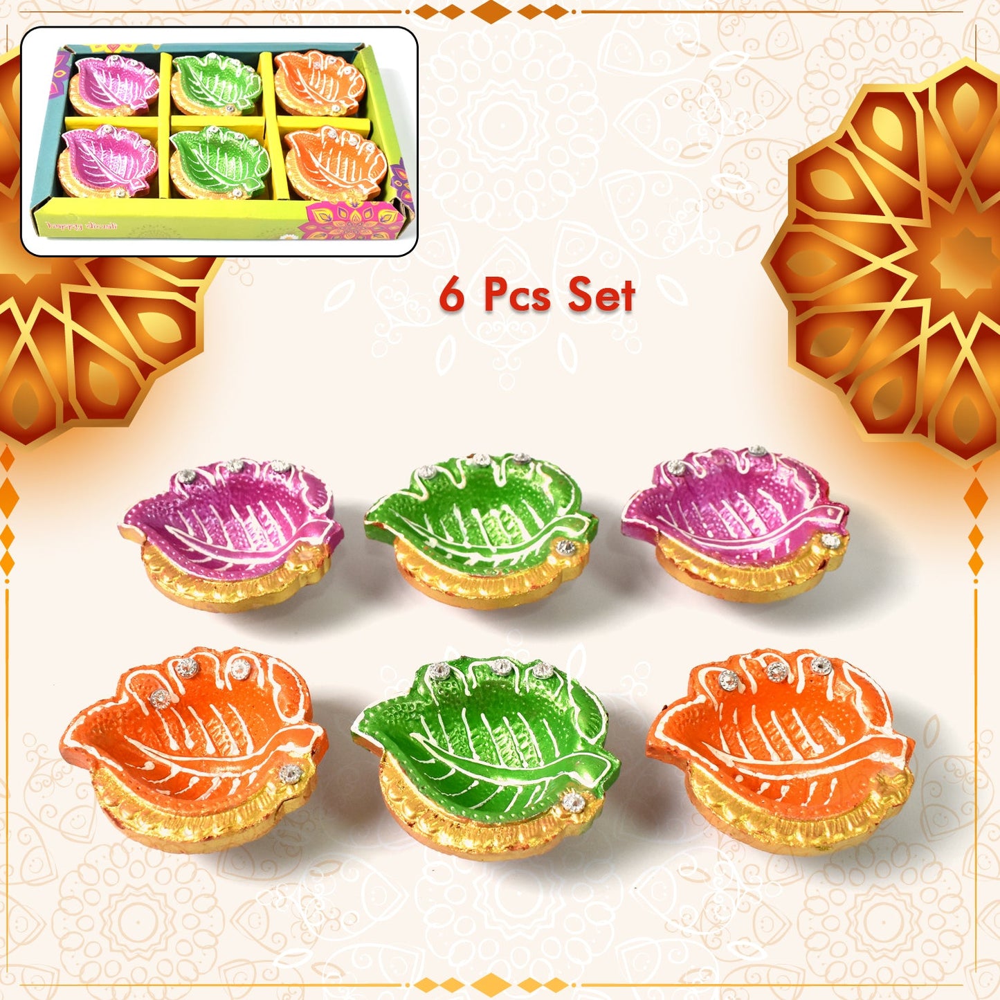 Decorative Hand Painted Clay Puja Diya (6 Pcs Set/ Mix Design)
