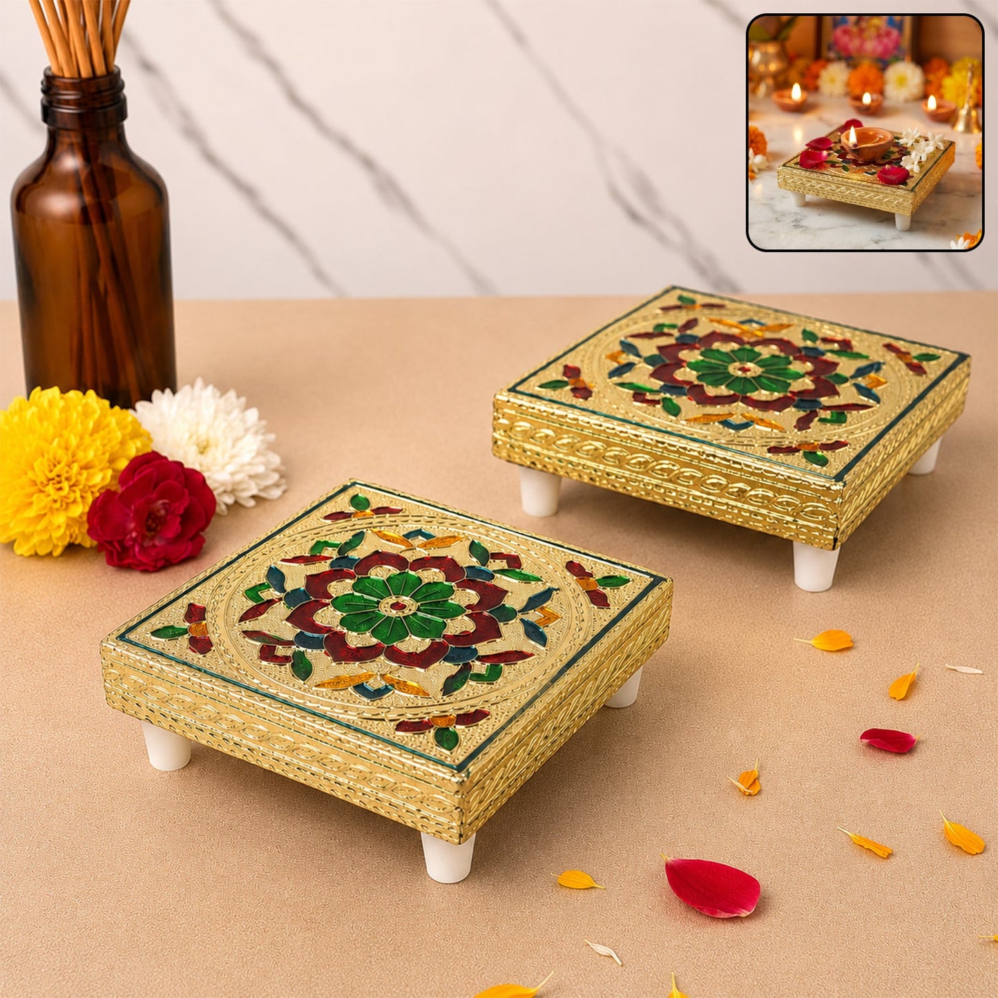 Handicraft Wood Chowki for Pooja , Wooden Bajot (2 Pc / Mix Descign & Color)