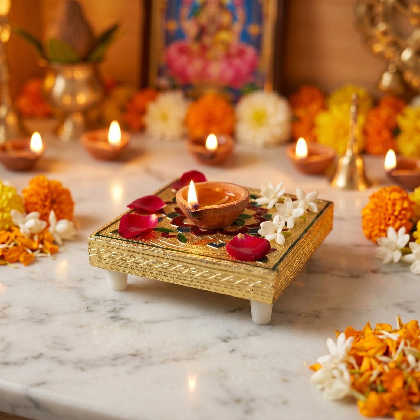 Handicraft Wood Chowki for Pooja , Wooden Bajot (2 Pc / Mix Descign & Color)
