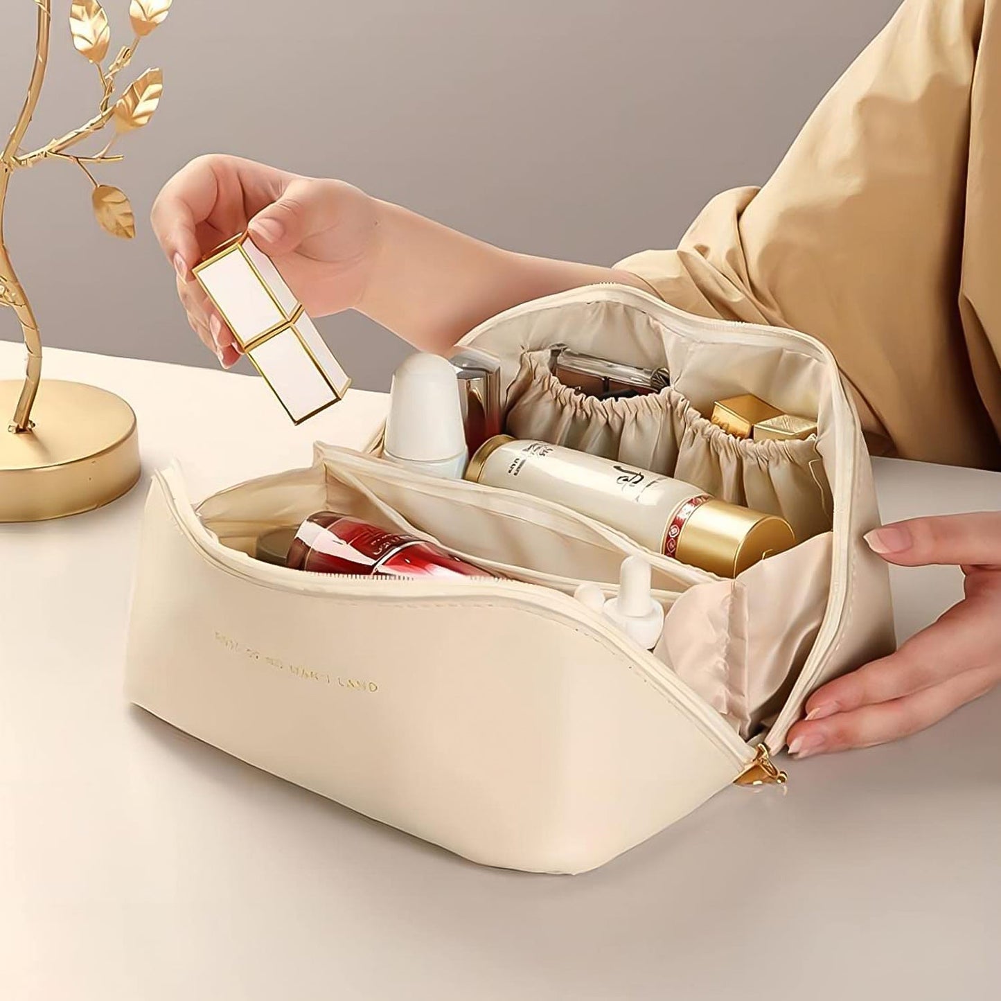 Premium Cream Travel Makeup & Toiletry Organizer Pouch with Zipper & Handle (1 Pc)