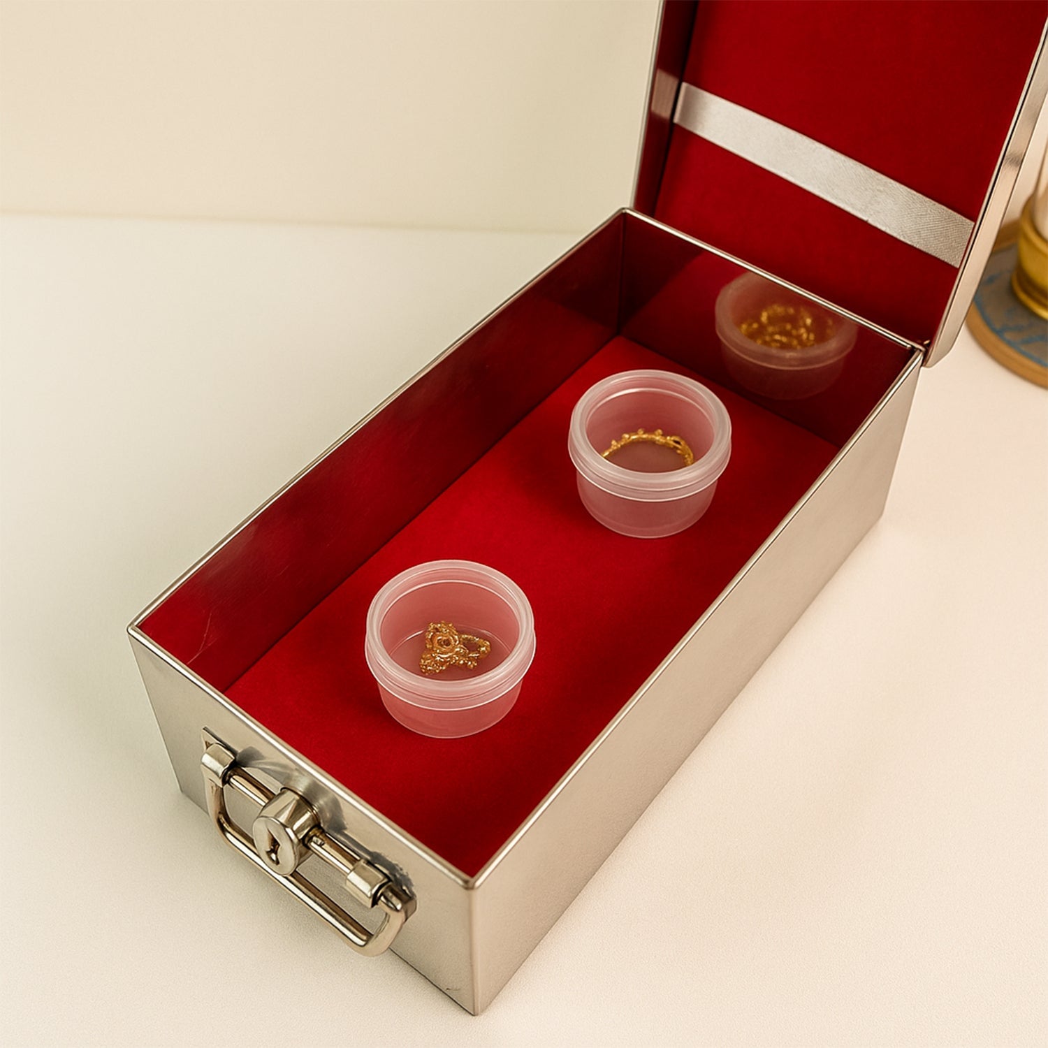 Steel jewellery box velvet red interior full view India