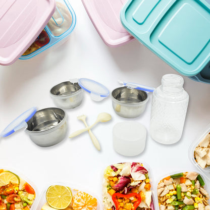 6In1 Tiffin Box-Lunch Box | 3 Stainless Steel Containers | Plastic lid Box | Spoon & Fork /Plastic Bottle | Insulated Fabric Bag | Leak Proof | Microwave Safe  for Office, College and School  (6 pcs)