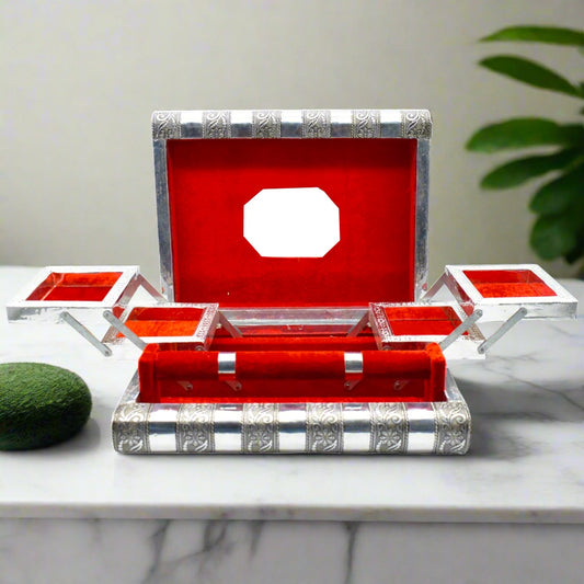 Wooden handmade oxidised jewellery organizer with bangle roll and mirror India