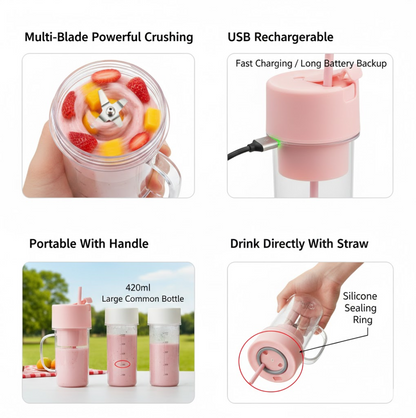Portable Crusher Juicer With Handle & Straw, USB Rechargeable Multi Blades (420 ML)