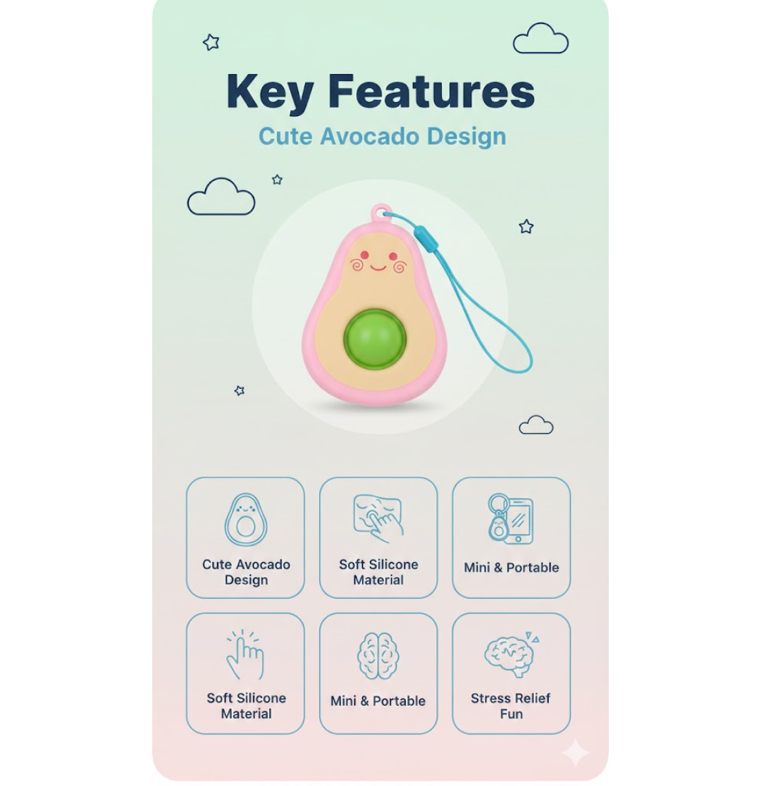 Cute Avocado-Shaped Mini Push Pop Keychain Toy with Strap (1 Pc)