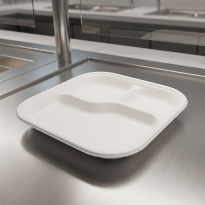 Vegnar Compostable Bagasse 3-Compartment Square Meal Plate