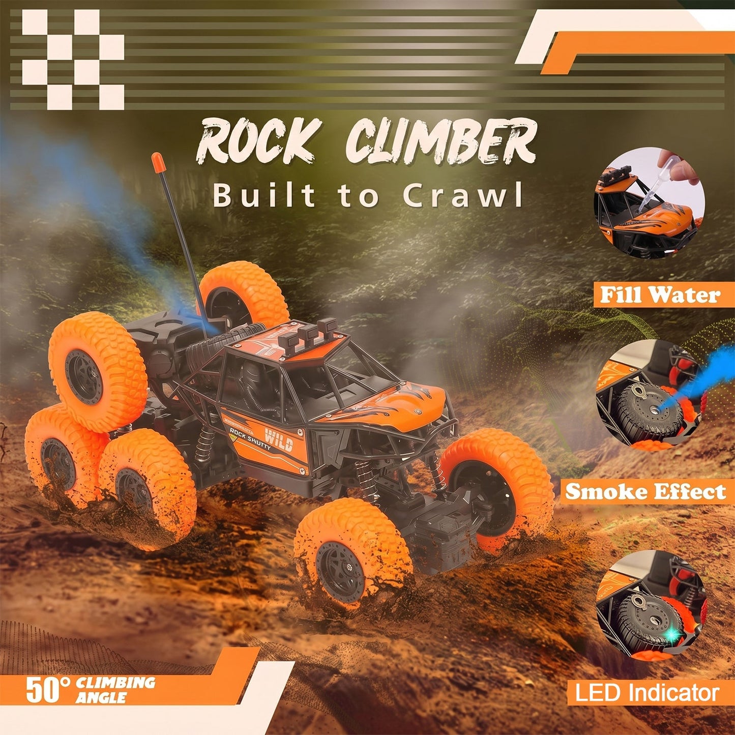 Rock Climber Car, 8 Wheels Climbing Car (1 Set / Remote Battery Not Included)
