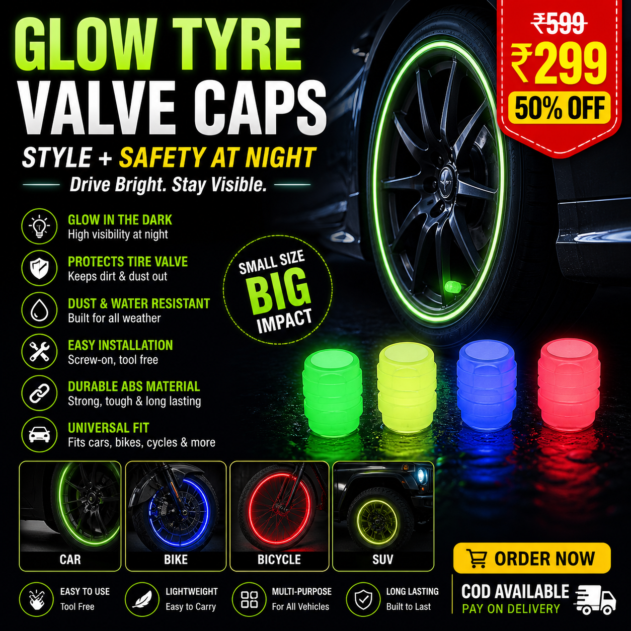 Luminous Tyre Valve Caps – Glow-in-the-Dark Air Stem Covers (4 Pcs / Mix Colour)