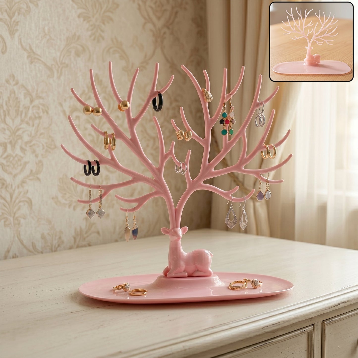 Small deer antlers pink jewellery stand tree-shaped earring and ring organizer India