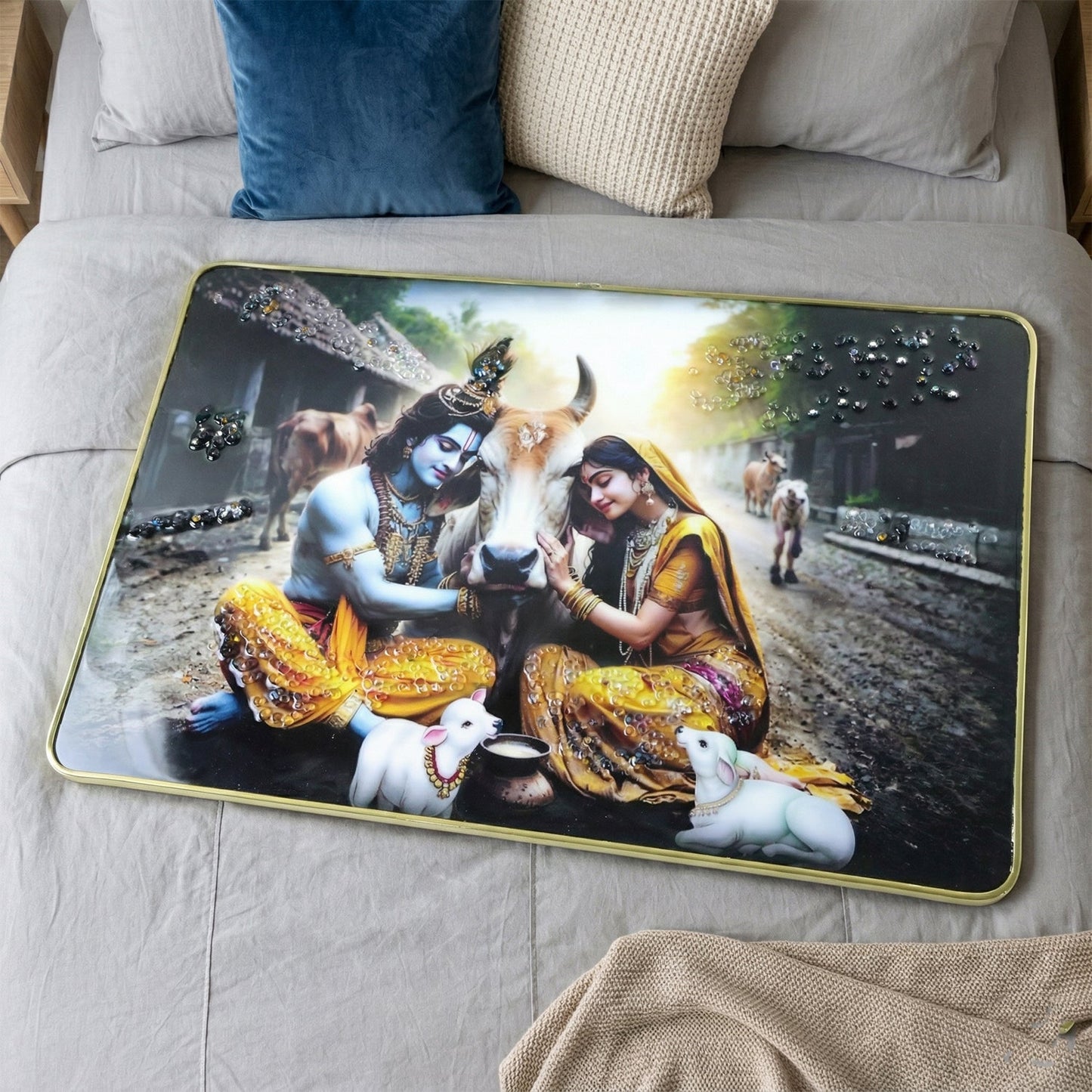 Peaceful Radha Krishna Village Scene Wall Art Frame (1 Pc, 45x30 Cm)