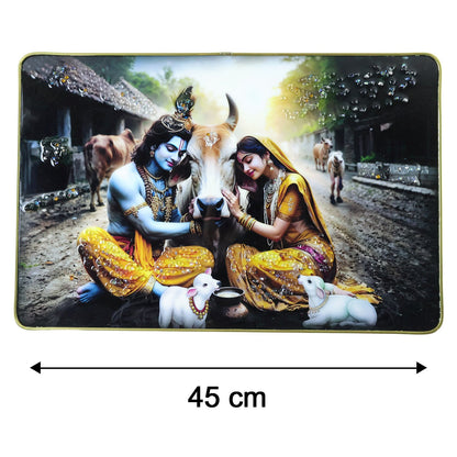 Peaceful Radha Krishna Village Scene Wall Art Frame (1 Pc, 45x30 Cm)