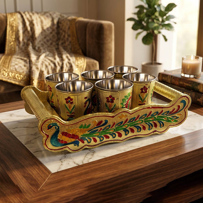 Peacock Design Glass with Handle and Handicraft Serving Tray Set