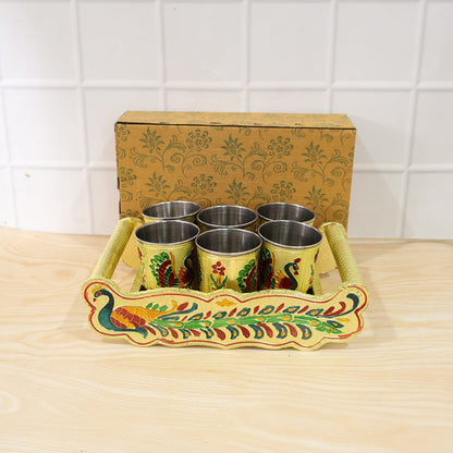 Peacock Design Glass with Handle and Handicraft Serving Tray Set