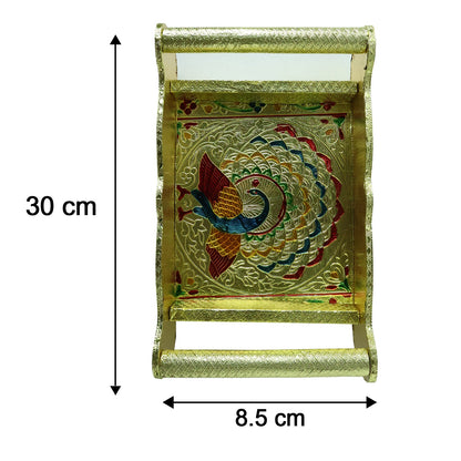 Peacock Design Glass with Handle and Handicraft Serving Tray Set