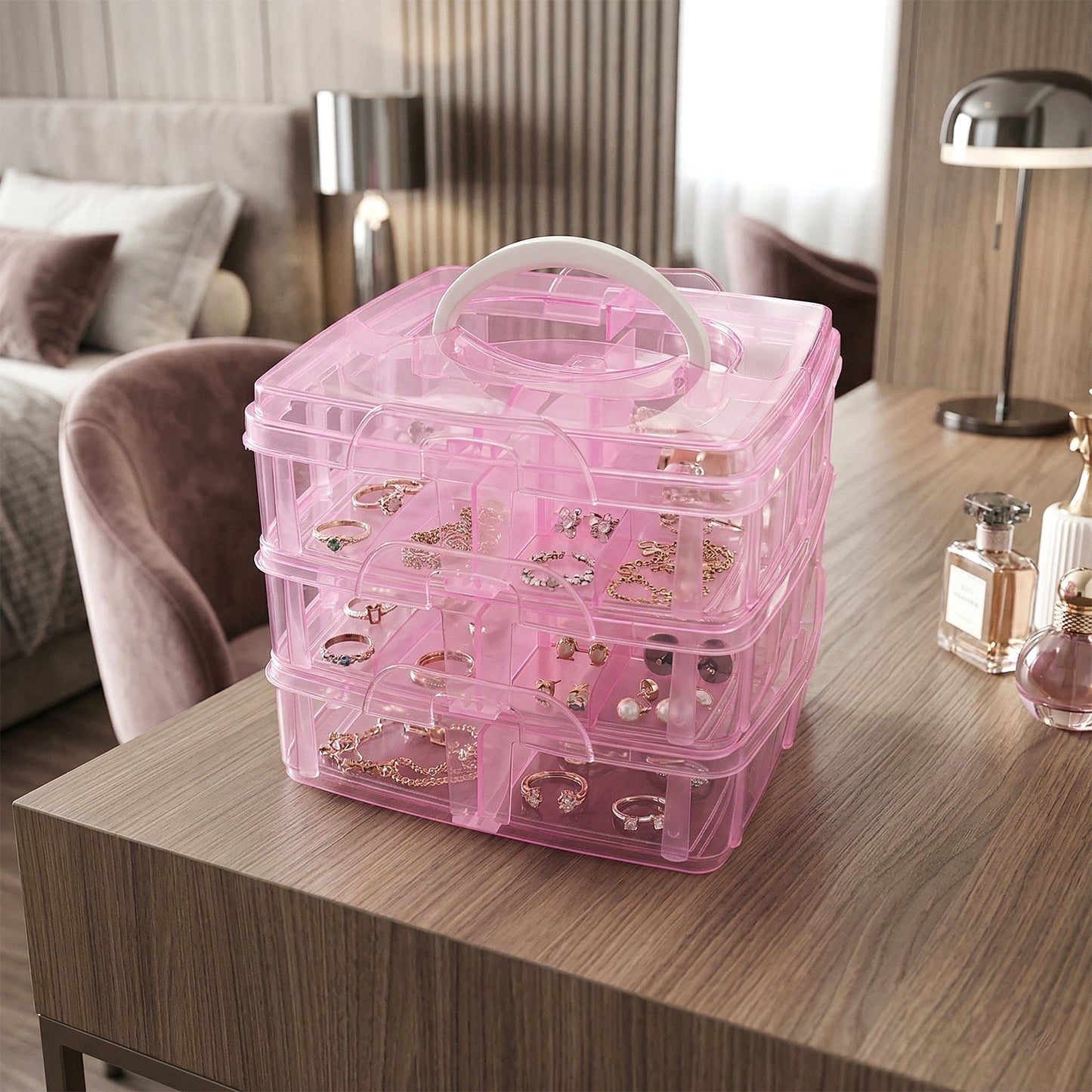 3-Tier Transparent Craft Storage Box with 18 Adjustable Compartments