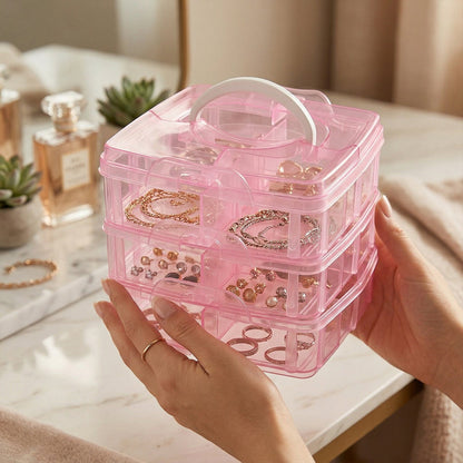 3-Tier Transparent Craft Storage Box with 18 Adjustable Compartments