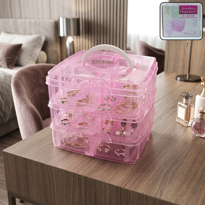 3-Tier Transparent Craft Storage Box with 18 Adjustable Compartments