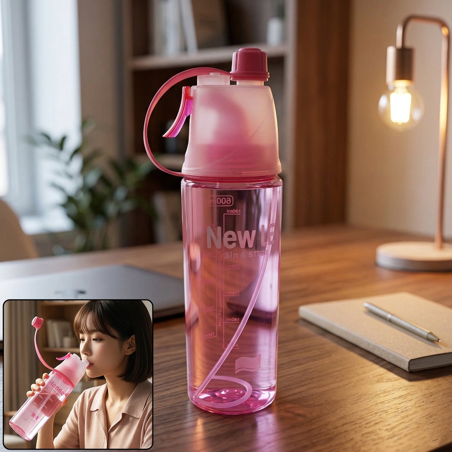 Plastic Sports Water Bottle – Dual Function with Built-In Mist Spray (600 ML)